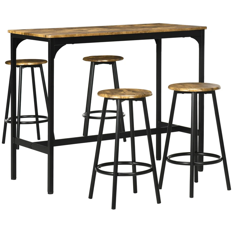 Ensemble table haute rectangulaire et 4 tabourets 110 x 50 x 89,5 cm rangement sous table repose-pieds moderne en MDF brun 21_0002329