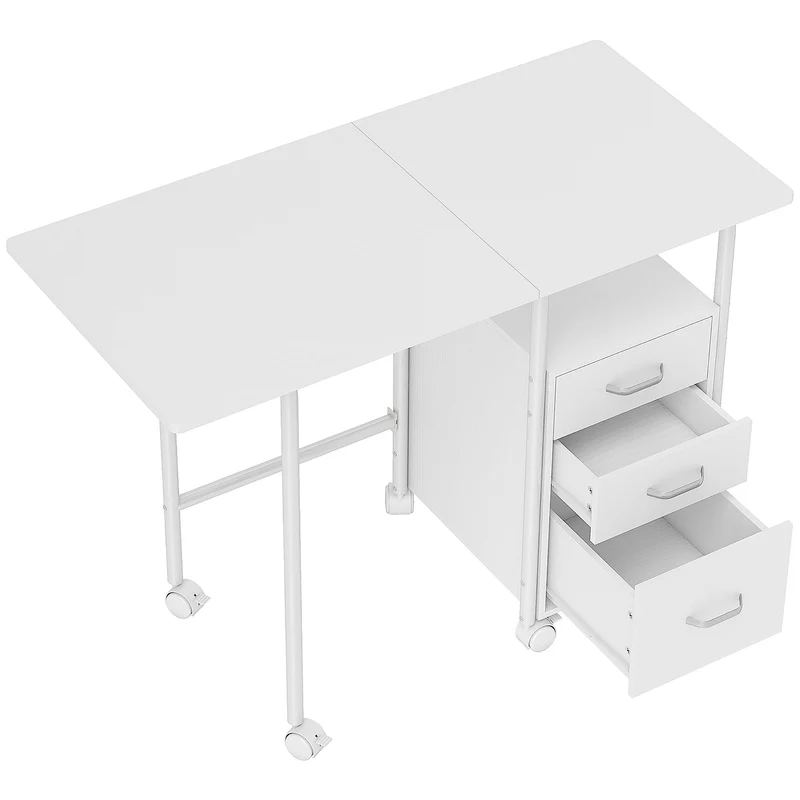 Bureau d'ordinateur pliable à roulettes 105 x 51 x 75.5 cm 3 tiroirs plateau extensible moderne minimaliste en MDF blanc 21_0006140