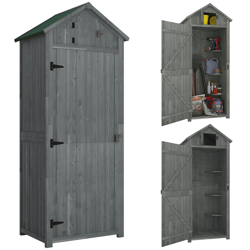 Armoire de jardin chalet 77 x 54 x 179 cm 3 étagères portes verrouillables design rustique pour terrasse en bois gris 21_0004085