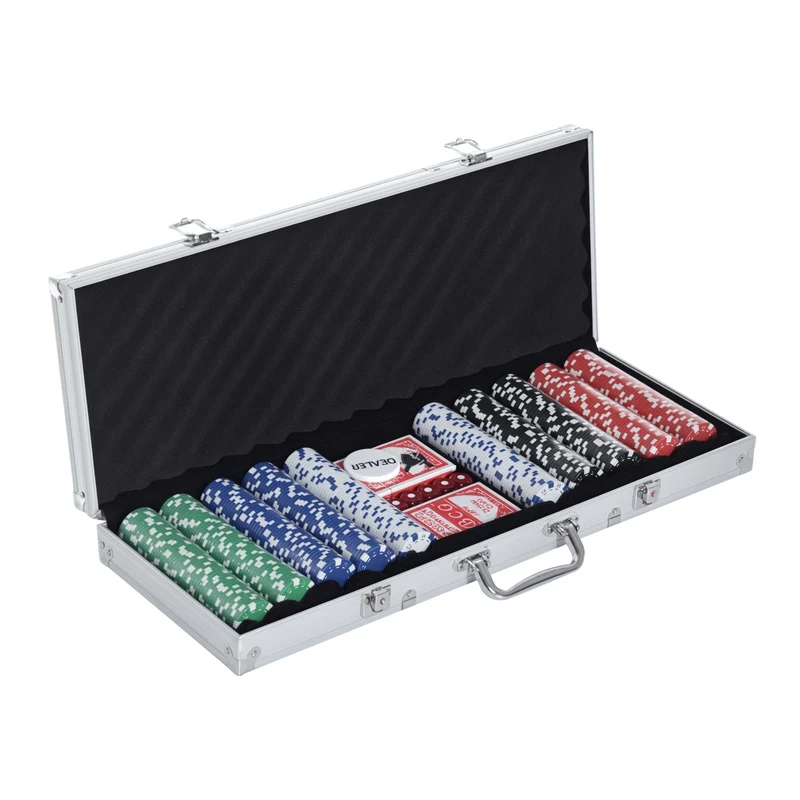 Mallette de poker professionnelle portable 55,5 x 22 x 6,5 cm 500 jetons tournois complète moderne en aluminium argenté 21_0006638