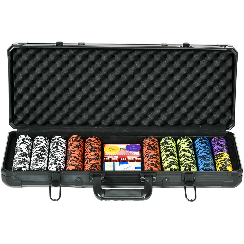 Mallette de poker complète 57.5 x 24 x 10.5 cm 500 jetons et accessoires design épuré idéal tournoi en aluminium noir 21_0006653