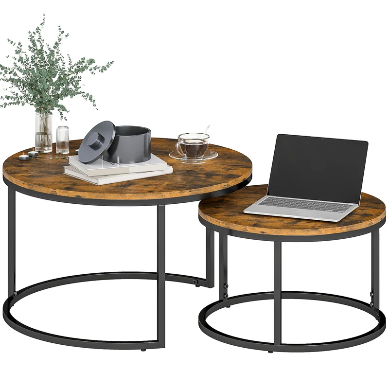 Lot de 2 tables basses gigognes 59 x 59 x 37 cm gain de place assemblage simple style industriel en MDF brun rustique 21_0001812