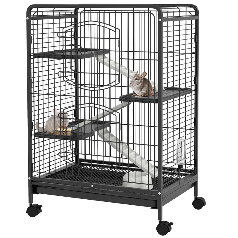 Cage pour rongeurs roulante 62 x 44 x 95 cm bac inférieur amovible et roulettes verrouillables moderne en acier noir 21_0007904