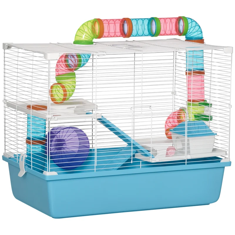Cage pour hamsters et rongeurs 59 x 36 x 47 cm 3 niveaux avec tunnel pour salon moderne montage facile en acier bleu 21_0007930