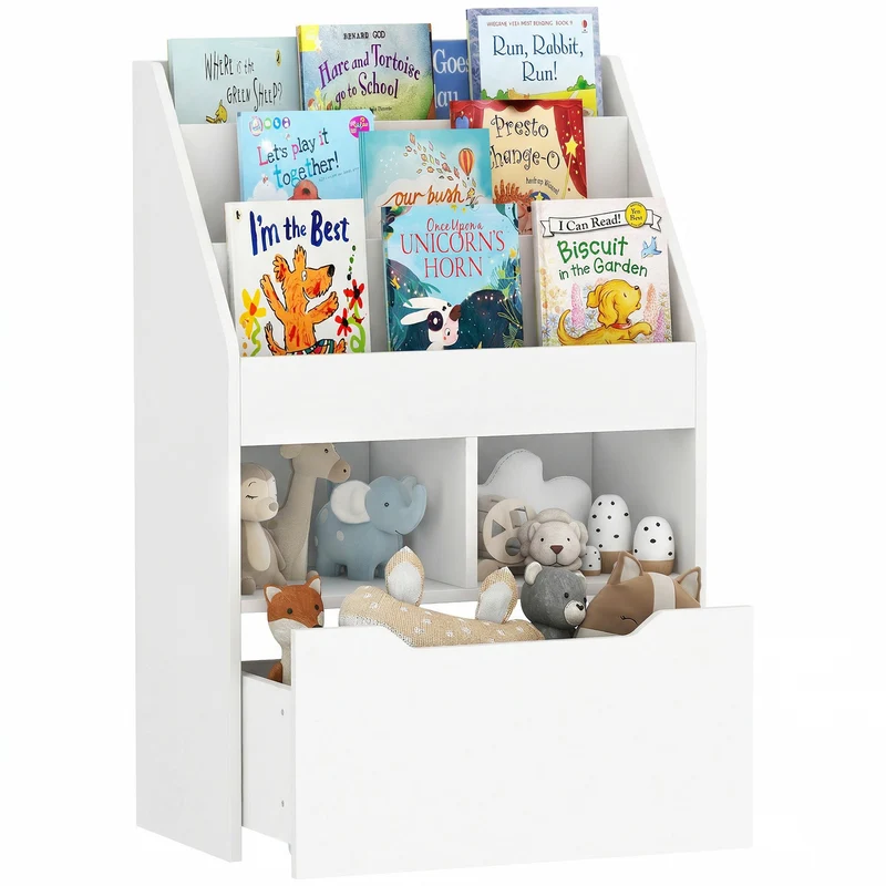 Bibliothèque enfant 60 x 29.9 x 90 cm 3 étagères 2 niches tiroir à roulettes antibasculement style moderne en MDF blanc 21_0000147