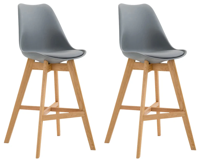 Lot de 2 tabourets de bar scandinaves coque plastique et PVC gris et pieds en bois massif 10_0005963