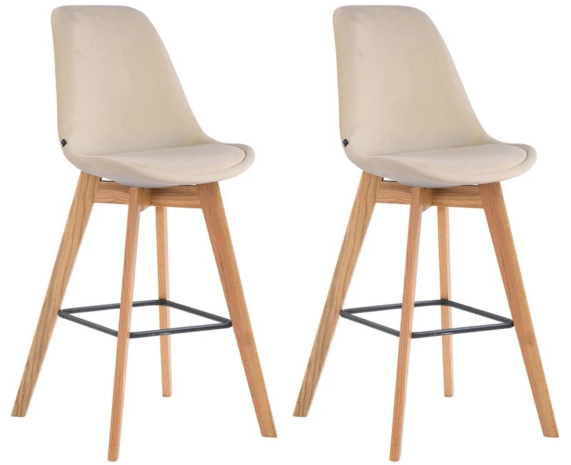 Lot de 2 tabourets de bar style scandinave avec dossier en velours crème et structure en bois naturel 10_0006071