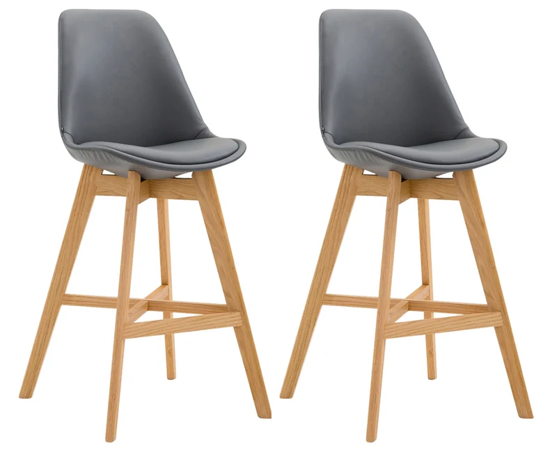 Lot de 2 tabourets de bar scandinaves coque plastique et PVC grise et pieds en bois massif 10_0006368