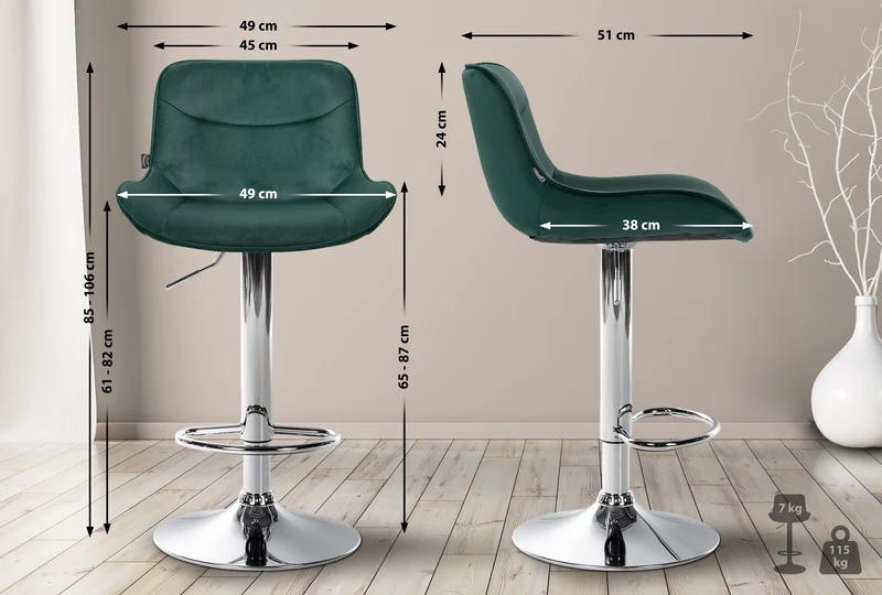 Tabouret de bar x1 pivotant forme ergonomique surpiqûres décoratives en velours vert cadre en métal chromé 10_0006230
