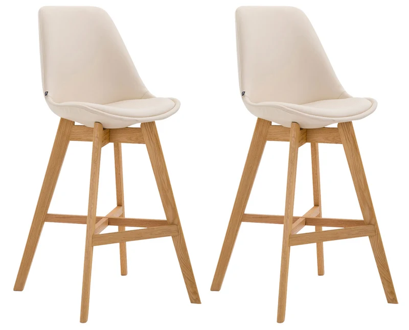 Lot de 2 tabourets de bar scandinaves coque plastique et PVC crème et pieds en bois massif 10_0005962