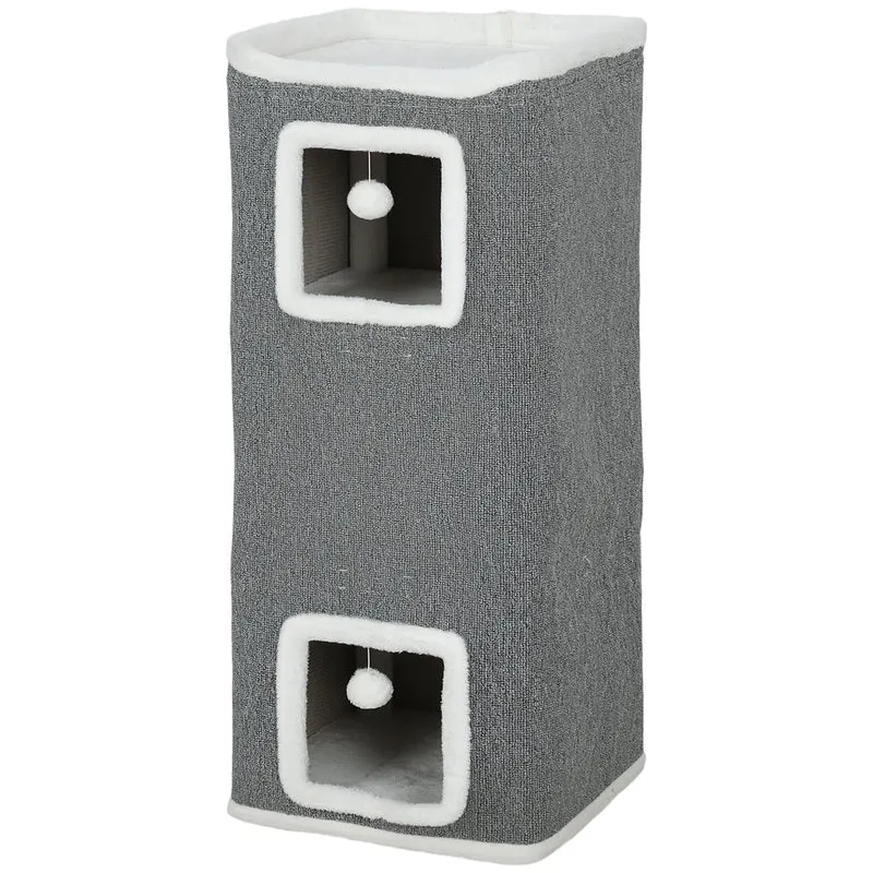 Tour pour chat 4 niveaux 41 x 41 x 100 cm espaces privés et jeux intégrés design moderne en panneau de particules gris 21_0007753