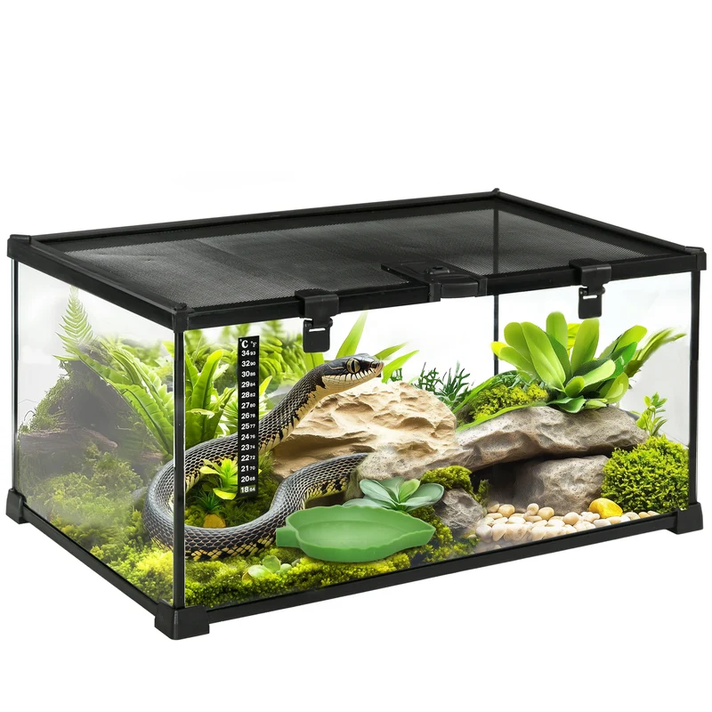 Terrarium reptile 50 x 30 x 25 cm thermomètre inclus ventilé empilable pour lézards design moderne en verre trempé noir 21_0007828