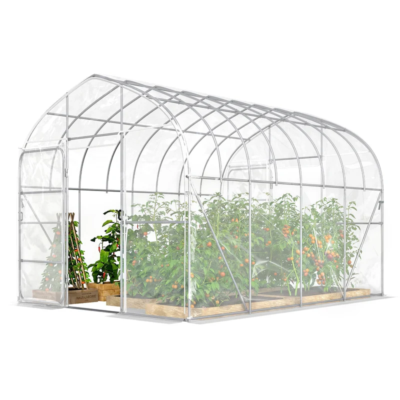 Serre tunnel jardin 296 x 391 x 267 cm stabilité renforcée grande hauteur étagères moderne épuré en po transparent 21_0005629