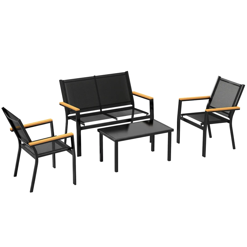 Salon de jardin 4 pièces canapé 2 places 110 x 63.5 x 84 cm antirouille moderne avec accoudoirs effet bois en acier noir 21_0005775