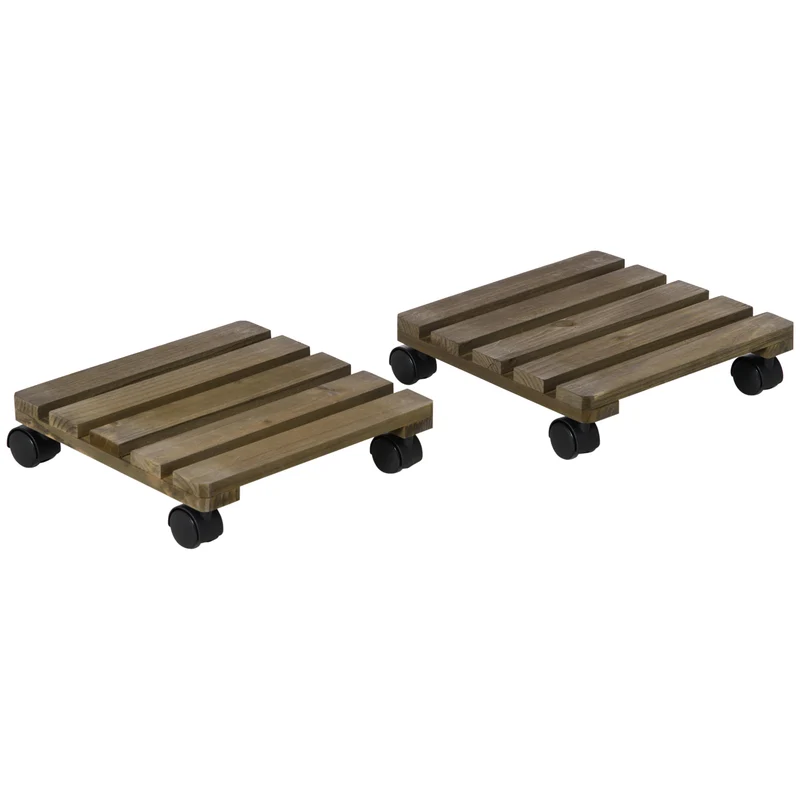 Lot de 2 supports pour plantes à roulettes 30 x 30 x 7 cm mobilité facile avec freins scandinave épuré en bois marron 21_0004260