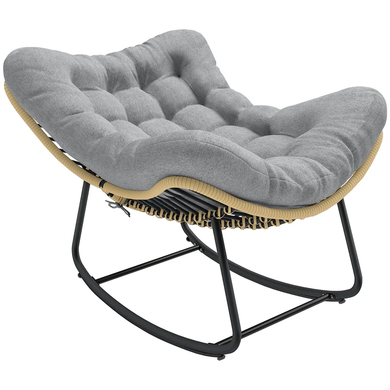 Fauteuil à bascule jardin et salon 87 x 110 x 70 cm assise spacieuse coussin moelleux scandinave en résine tressée gris 21_0006090