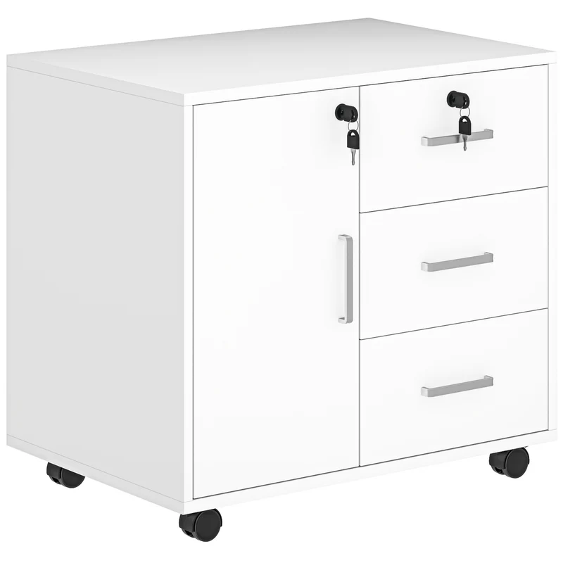 Caisson de rangement bureau 40 x 60 x 56 cm verrouillable 3 tiroirs moderne minimaliste en panneau de particules blanc 21_0002957