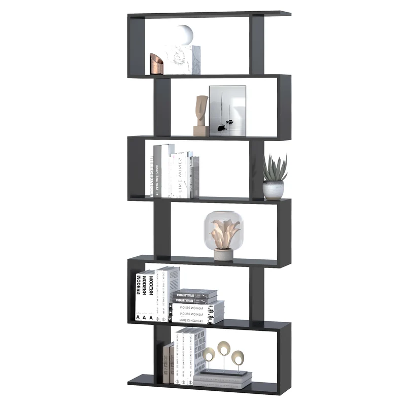 Bibliothèque zigzag salon bureau 80 x 23 x 192 cm 6 niveaux grande capacité contemporain en panneaux de particules noir 21_0001716