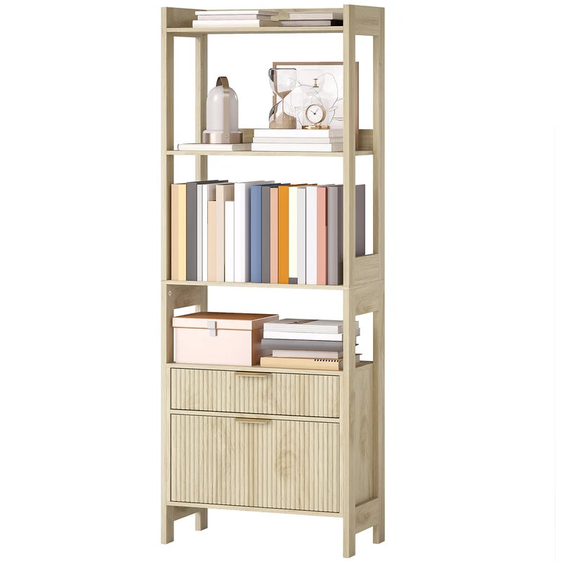 Bibliothèque haute rangement 60 x 30 x 160 cm 4 étagères 2 tiroirs gain de place style contemporain en MDF bois naturel 21_0002560