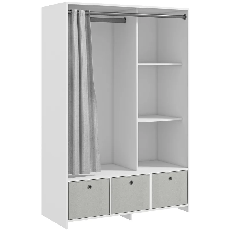 Armoire penderie chambre 105 x 48 x 160 cm tringle 3 tiroirs tissu rideau épuré moderne en panneau de particules blanc 21_0001522