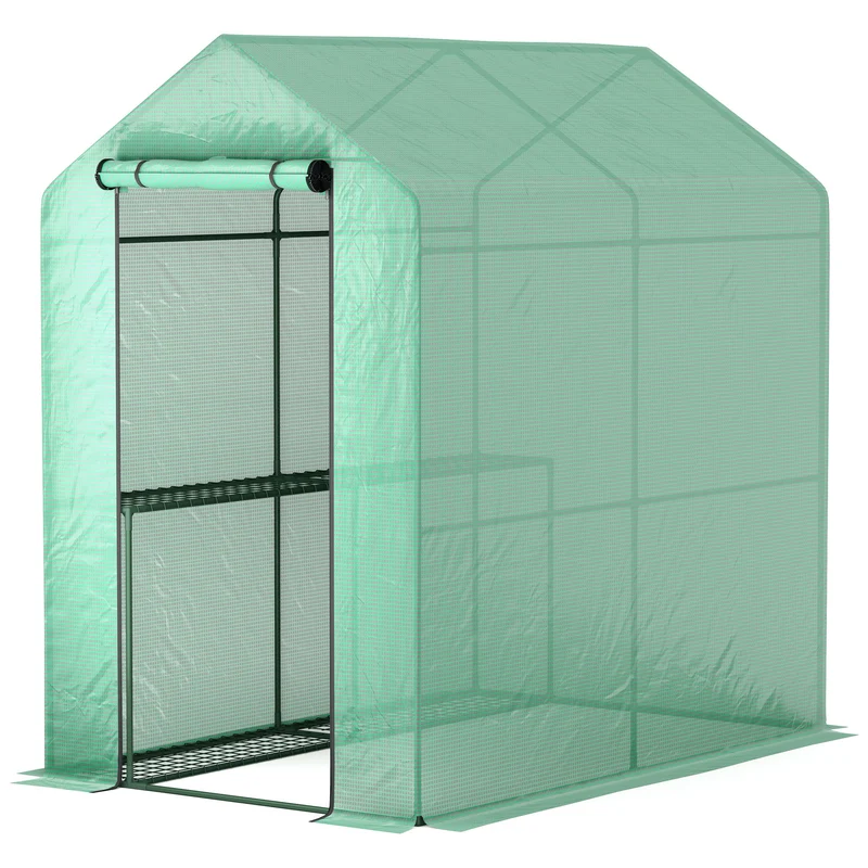 Serre de balcon 2 niveaux 186 x 120 x 190 cm protège anti-uv étagères intégrées porte zippée design en polyéthylène vert 21_0004143