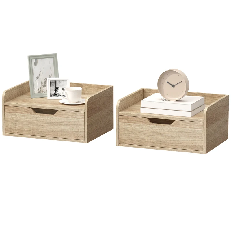Lot de 2 chevets muraux 40 x 30 x 19.5 cm tiroir plateau à rebords scandinave en panneaux de particules bois naturel 21_0001547