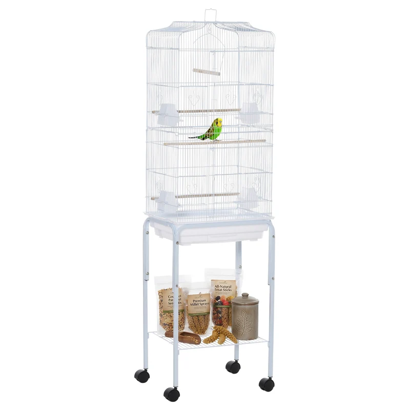 Cage volière sur pied 46.5 x 36 x 157 cm 3 perchoirs plateau amovible étagère avec roues à freins moderne en acier blanc 21_0007559