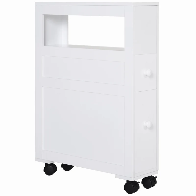 Meuble de rangement salle de bain sur roulettes 16 x 52 x 71.5 cm gain de place 2 tiroirs style épuré cosy en MDF blanc 21_0001853
