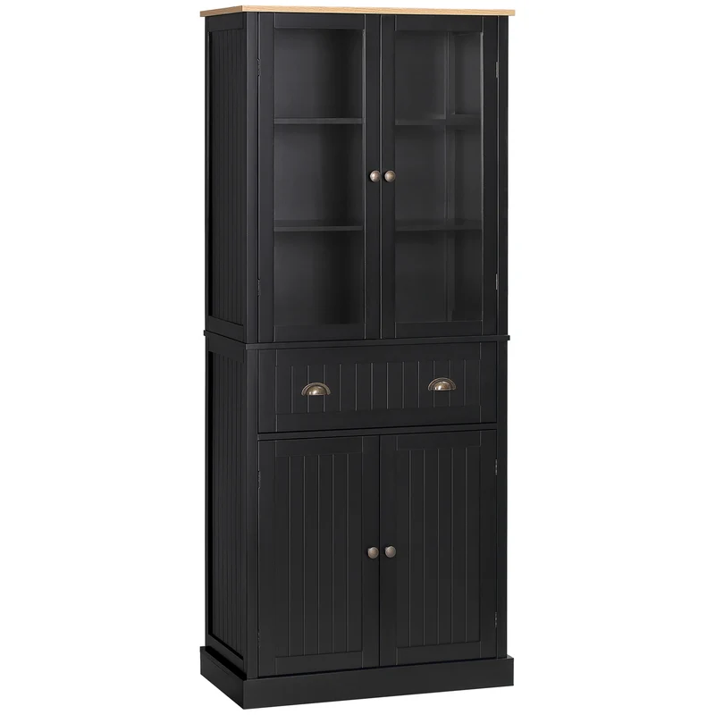 Buffet armoire de cuisine vitrine 76 x 40 x 182.5 cm grand rangement étagères réglables moderne élégant en MDF noir 21_0002265
