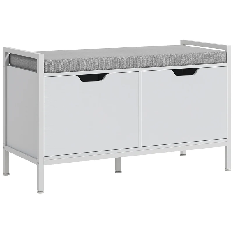 Banc meuble à chaussures d'entrée 84 x 35 x 50 cm assise rembourrée rangement 2 placards style épuré cosy en bois blanc 21_0002720
