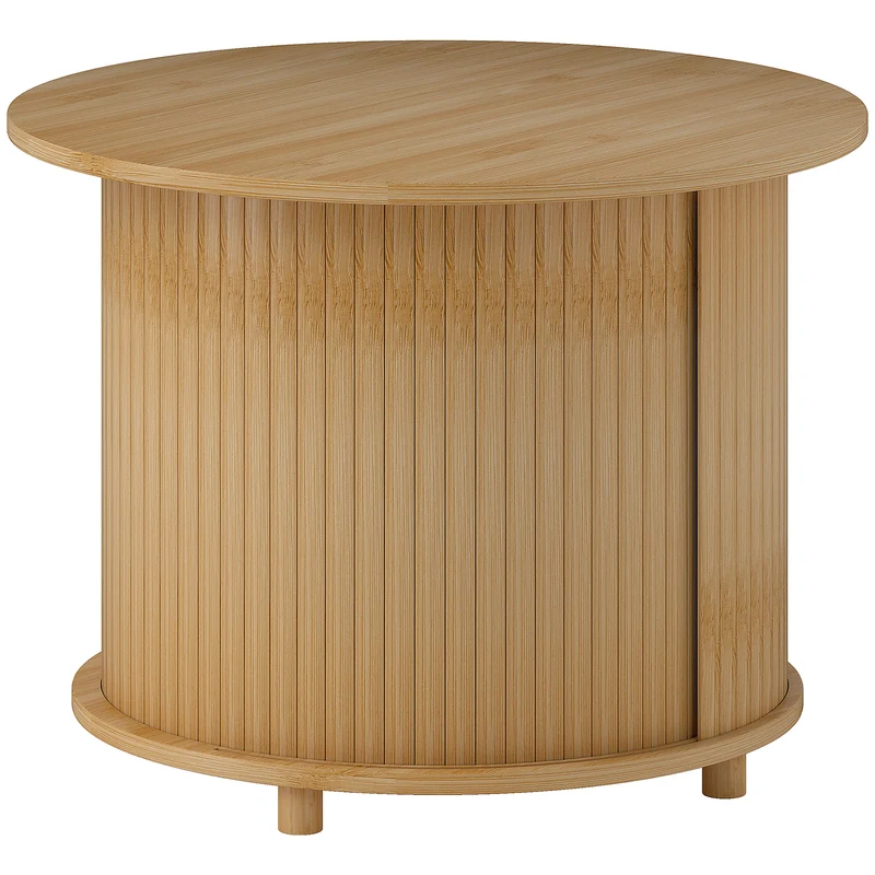 Table basse ronde salon 60 x 45 cm rangement caché porte coulissante pratique style scandinave en bambou bois naturel 21_0003466