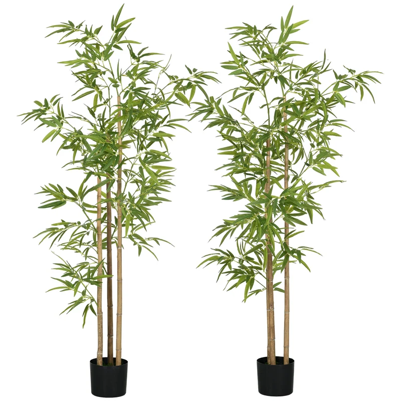 Lot de 2 plantes artificielles bambou décoration salon 180 cm feuillage dense sans arrosage décoratif en plastique vert 21_0001308