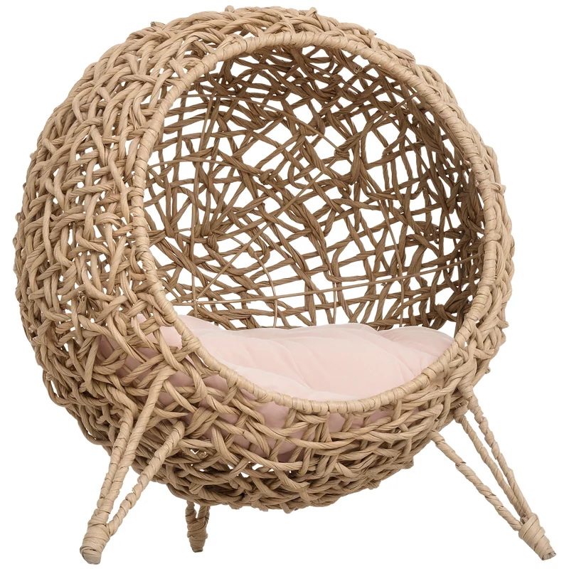 Panier pour chat boule sur trépied 52 x 52 x 58 cm coussin moelleux stable salon design cosy en résine tressée beige 21_0007632