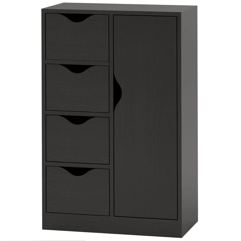 Buffet salon entrée 54 x 29 x 83 cm 1 placard 4 tiroirs antibasculement scandinave épuré en panneau de particules noir 21_0002834