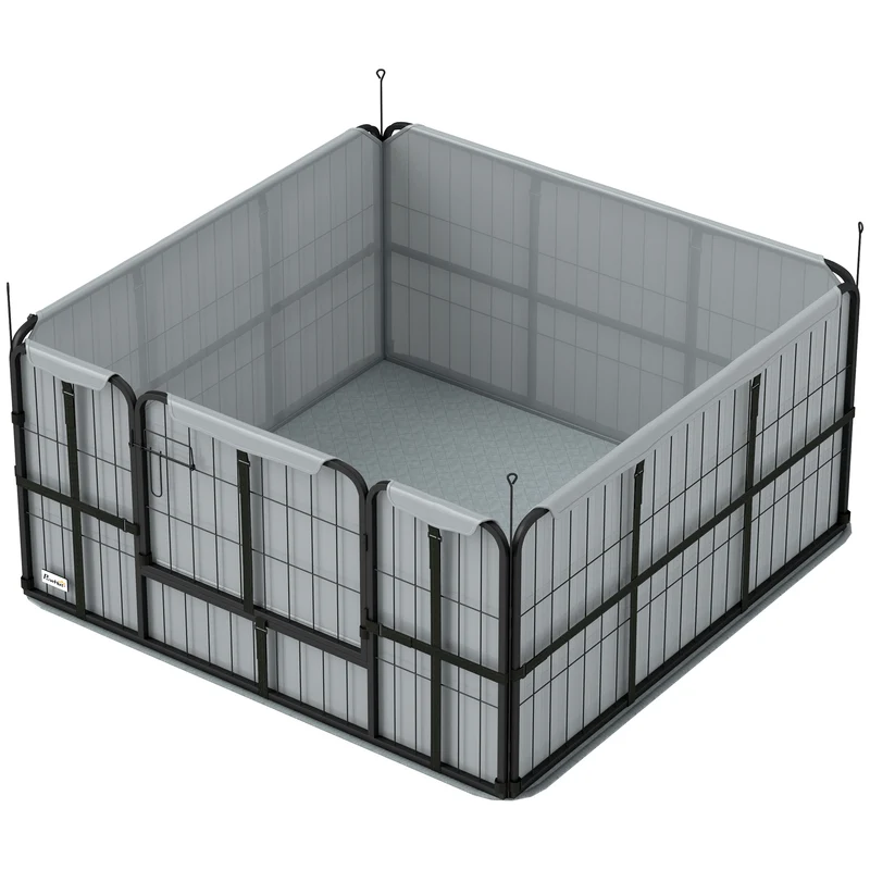 Parc de mise bas pour chien 122 x 122 x 60 cm tapis lavable et porte d'accès avec piquets moderne épuré en acier noir 21_0007474