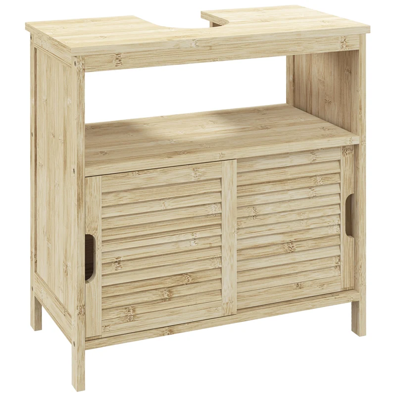 Meuble sous lavabo salle de bain 60 x 30 x 60 cm rangement ventilé portes à persiennes style scandinave en bambou naturel 21_0002029
