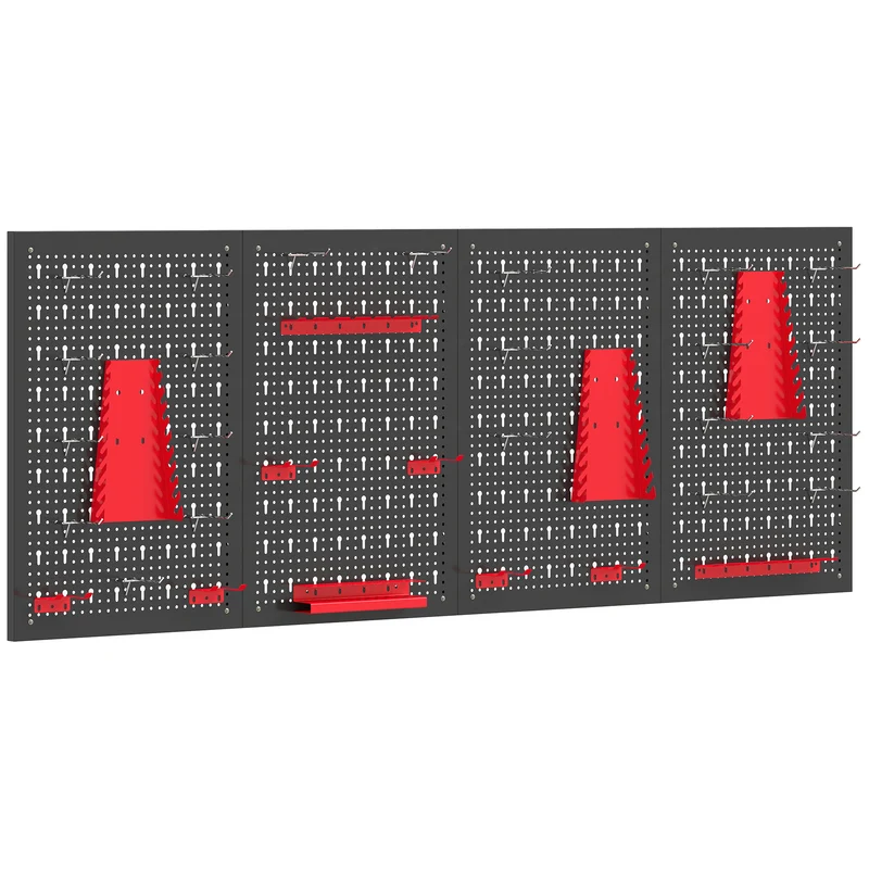 Lot de 4 panneaux perforés muraux organiseur garage 60 x 40 x 2cm charge 55 kg 38 pièces incluses industriel en acier noir 21_0007085