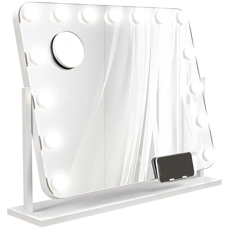 Miroir maquillage lumineux coiffeuse 62,5 x 14 x 49,5 cm intensité réglable grossissant 10x moderne épuré en verre blanc 21_0000786