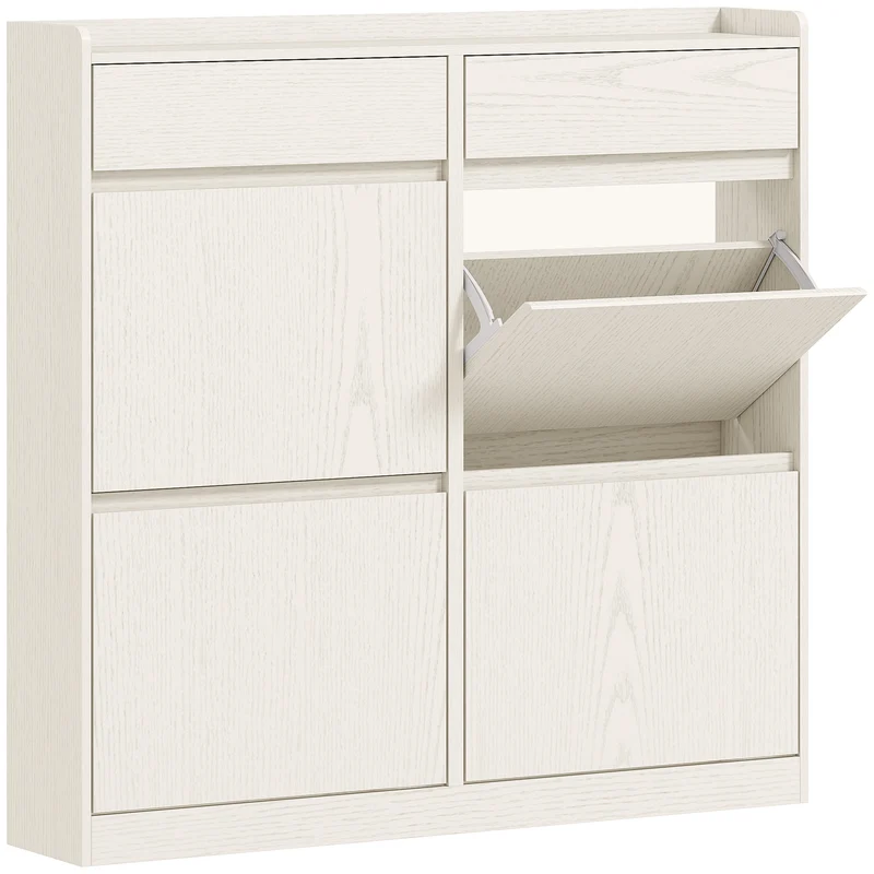 Meuble à chaussures entrée 98 x 19.2 x 95.3 cm rangement 8 paires 2 tiroirs coulissants design épuré stable en MDF blanc 21_0002749