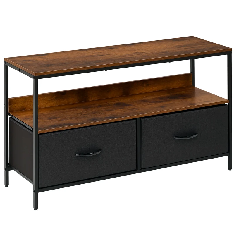 Meuble tv sur pieds salon 98 x 29 x 56 cm rangement pratique 2 tiroirs et étagère style industriel rustique en MDF brun 21_0003021