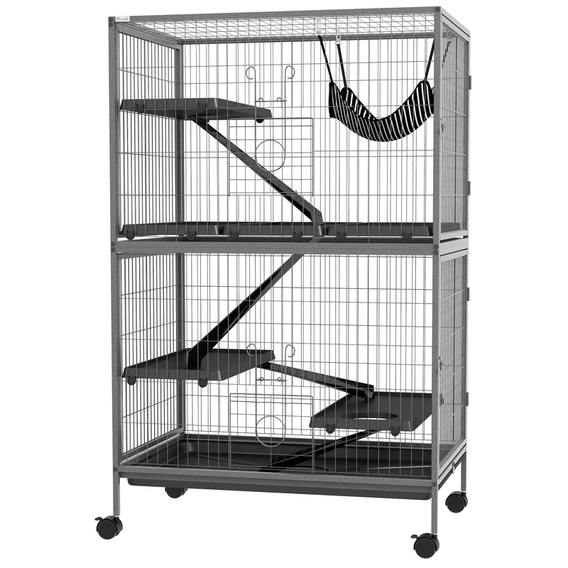Cage pour rongeurs 80 x 52 x 128 cm 4 portes hamac supérieur stable contemporain industriel salle à manger en acier gris 21_0007885