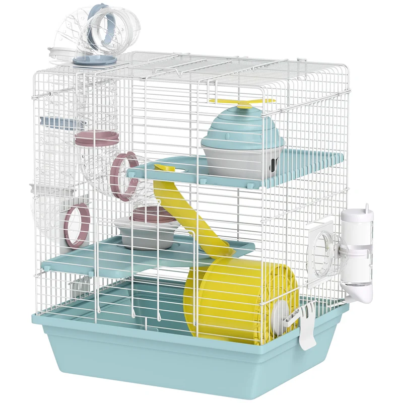 Cage pour hamster 34.5 x 27.5 x 41 cm trois niveaux tunnel et roue inclus design moderne épuré pour salon en métal bleu 21_0008022