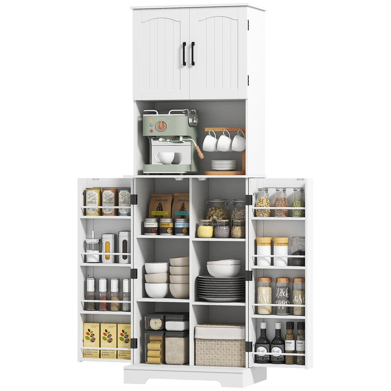 Buffet haut de cuisine 60 x 40 x 181 cm grand plan de travail étagères réglables avec porte-épices rustique en MDF blanc 21_0003368