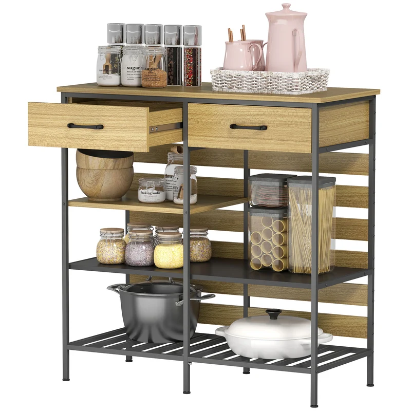 Buffet de cuisine rangement 90 x 40 x 91 cm 2 tiroirs 3 étagères industriel épuré en panneau de particules bois naturel 21_0003334