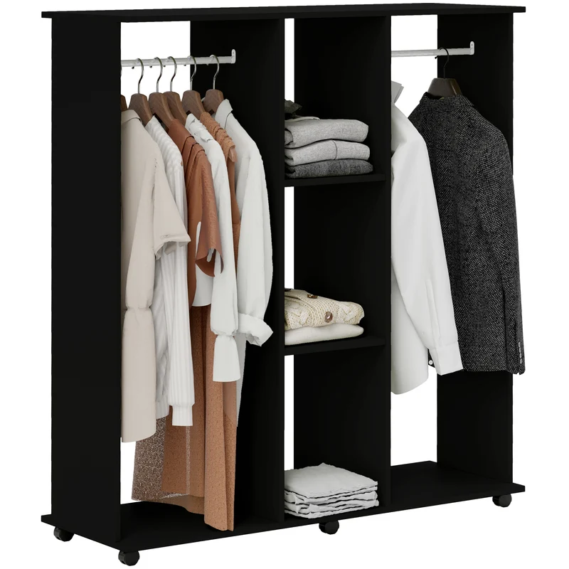 Armoire penderie mobile chambre 120 x 40 x 128 cm grand rangement six roulettes épuré en panneaux de particules noir 21_0001422