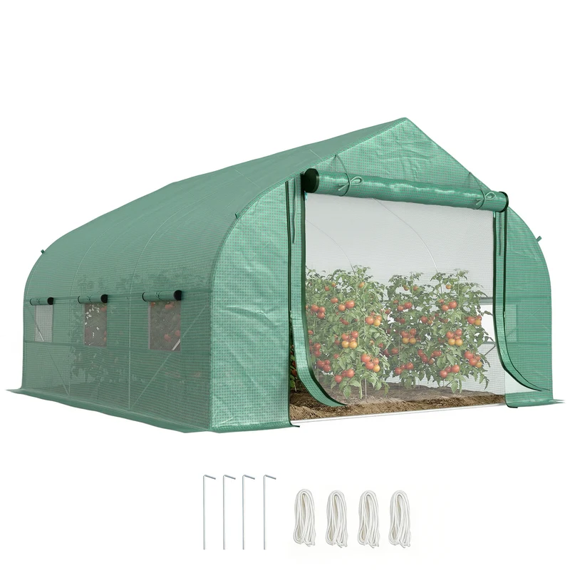 Serre tunnel de jardin 3,47 x 3 x 2 m bâche anti uv renforcée fenêtres enroulables moderne épuré en polyéthylène vert 21_0004228