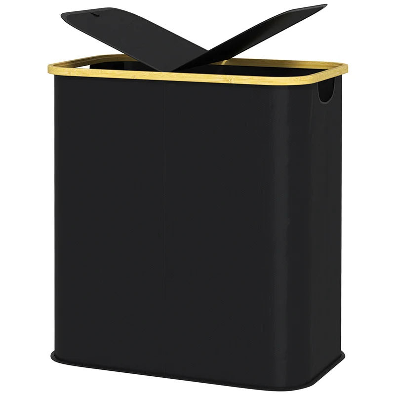 Panier à linge double pliable 54 x 34 x 58.5 cm tri facile avec couvercle épuré salle de bain en tissu non tissé noir 21_0005867