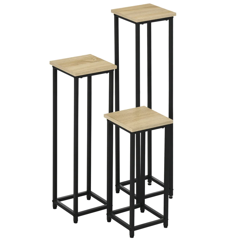 Lot de 3 supports pots de fleurs carrés empilables 21 x 21 x 50/70/90 cm gain de place industriel rustique en acier noir 21_0004273