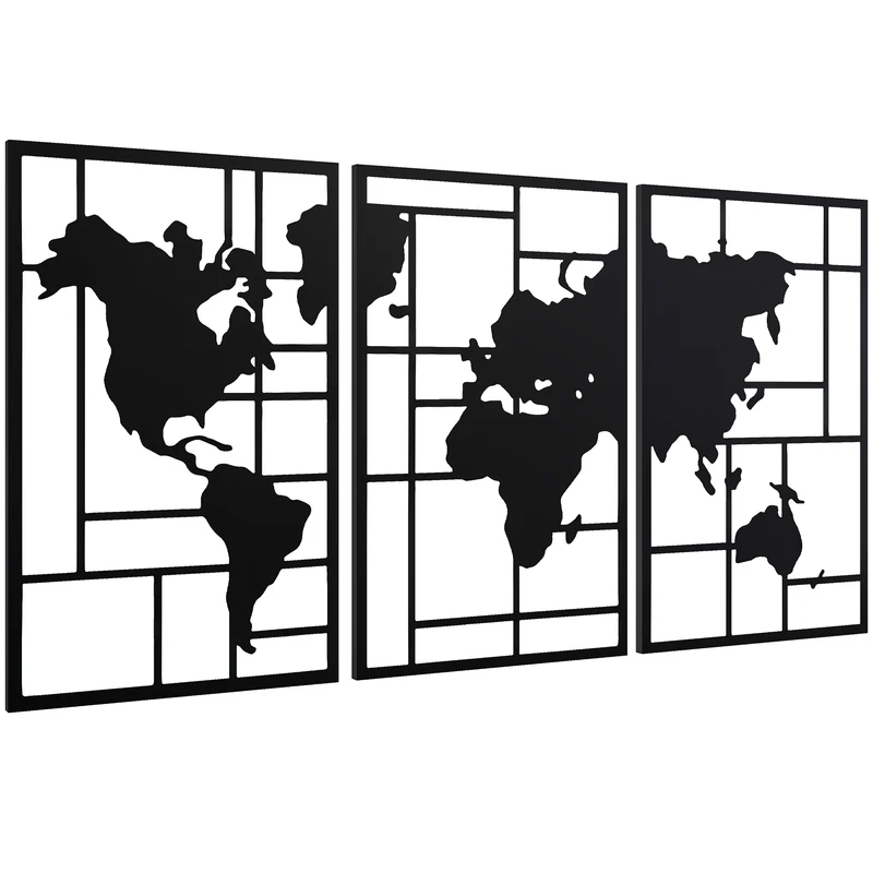 Lot de 3 décorations murales carte du monde géométrique 50 x 80 x 2 cm à accrocher moderne industriel en métal noir 21_0003706
