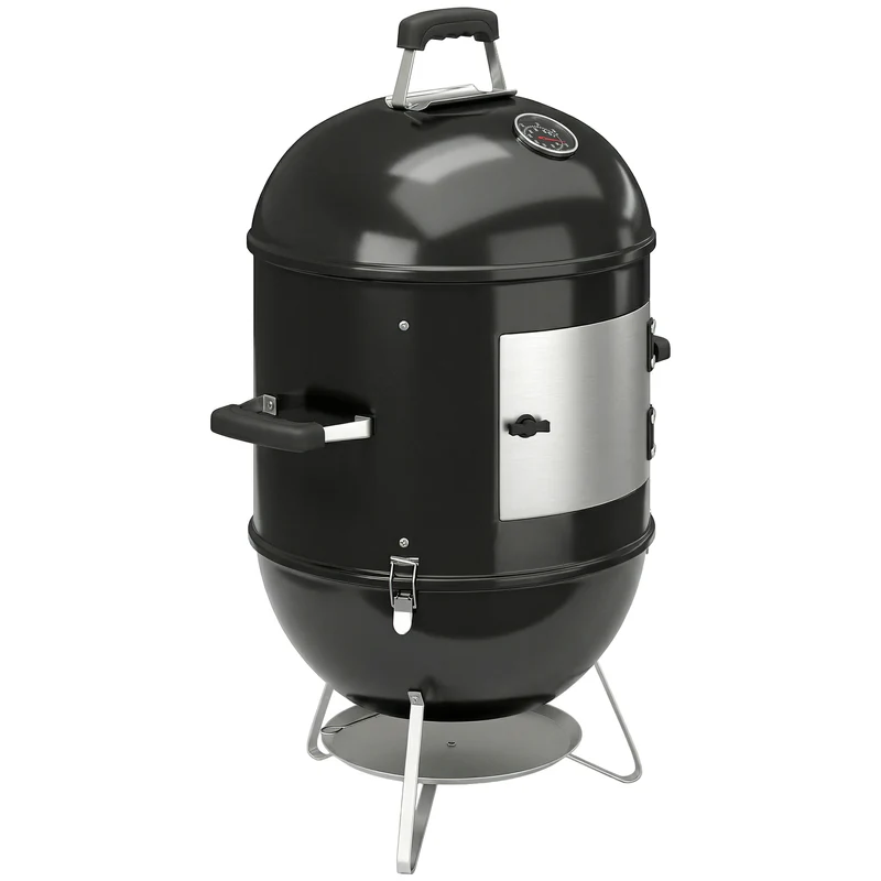 Fumoir 3 en 1 barbecue 62,5 x 47,5 x 91 cm thermomètre intégré cuisson lente usage extérieur industriel en métal noir 21_0004424